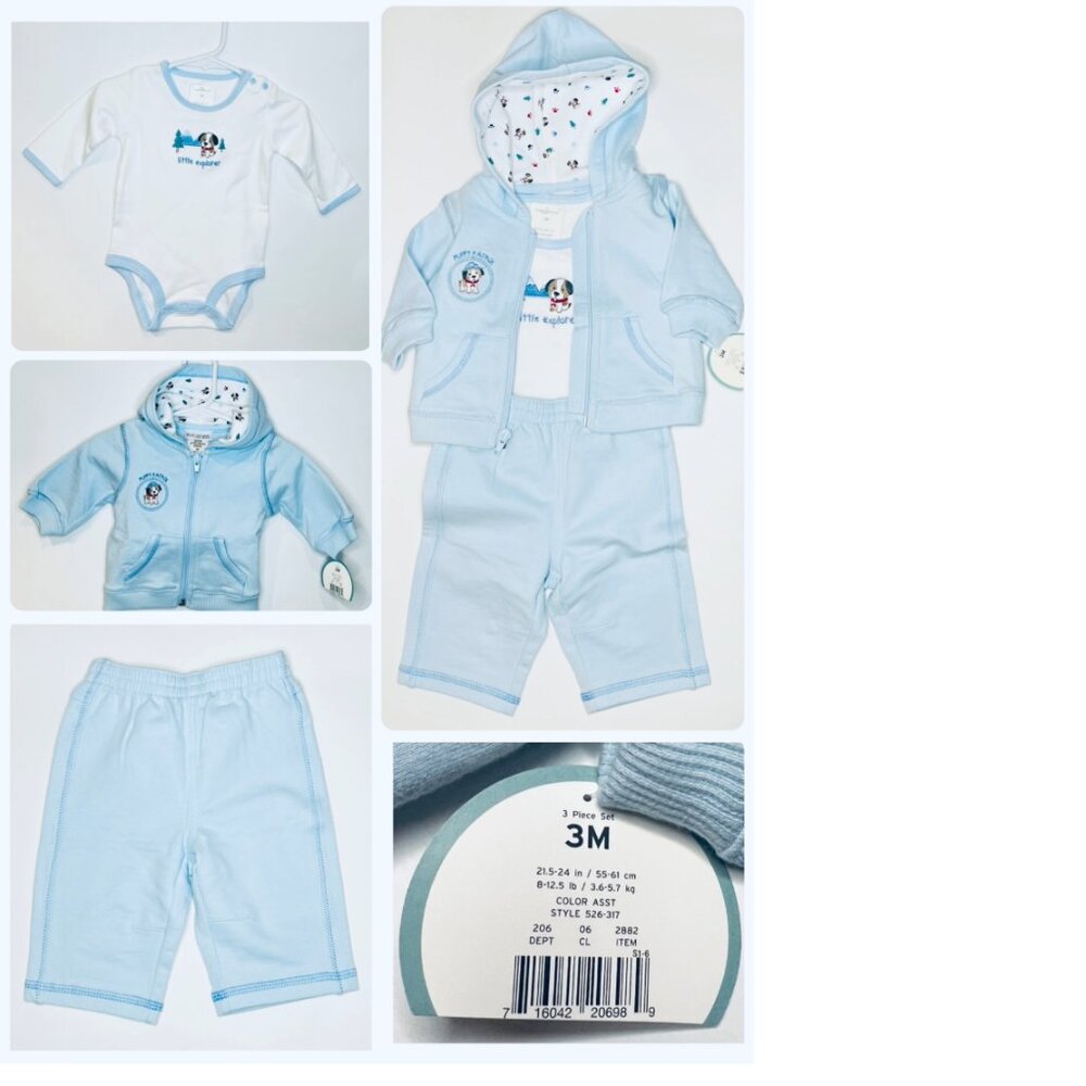 Carter's - NWT 3mo light blue & white winter/dog themed 3pc outfit